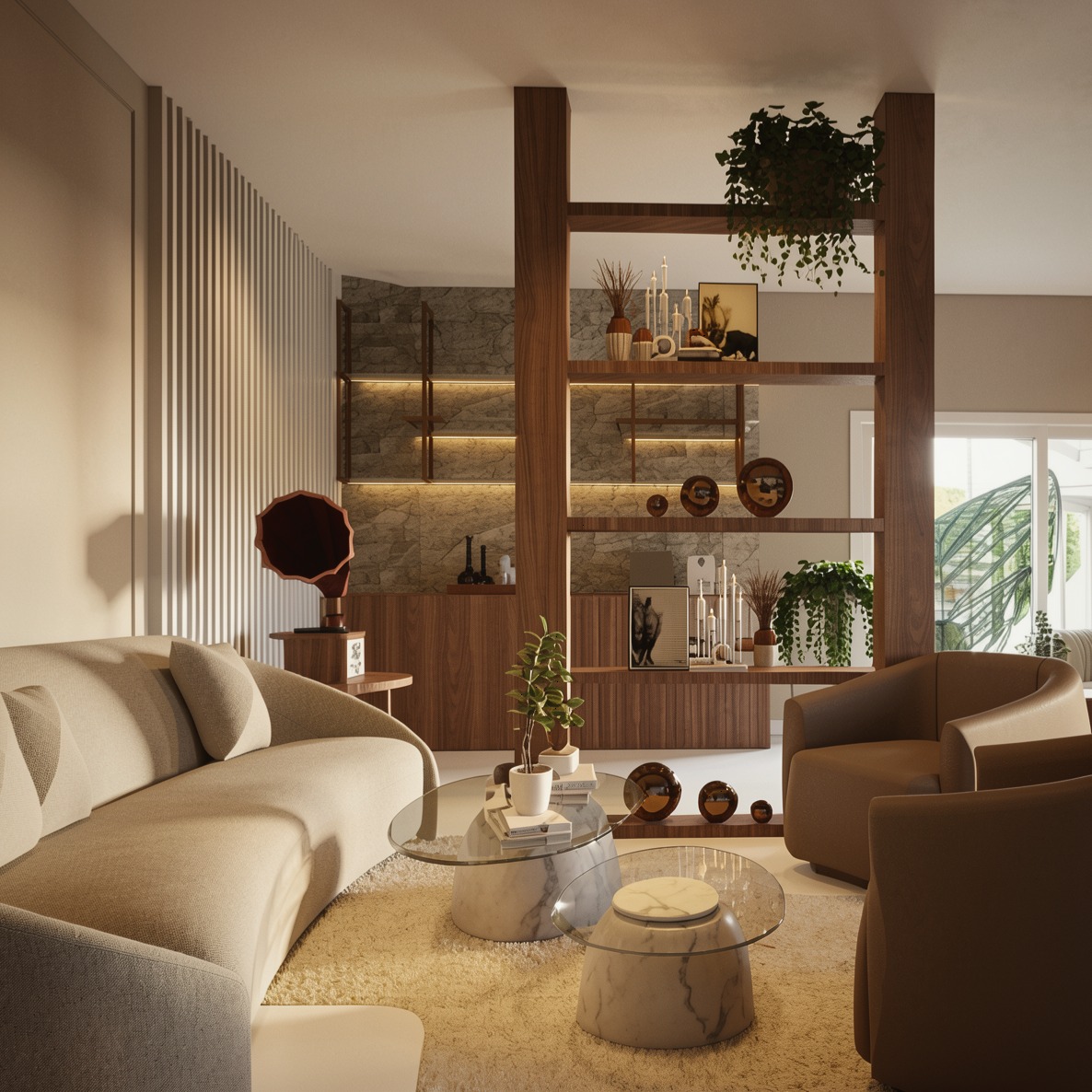 Sala de estar integrada com marcenaria e sofás